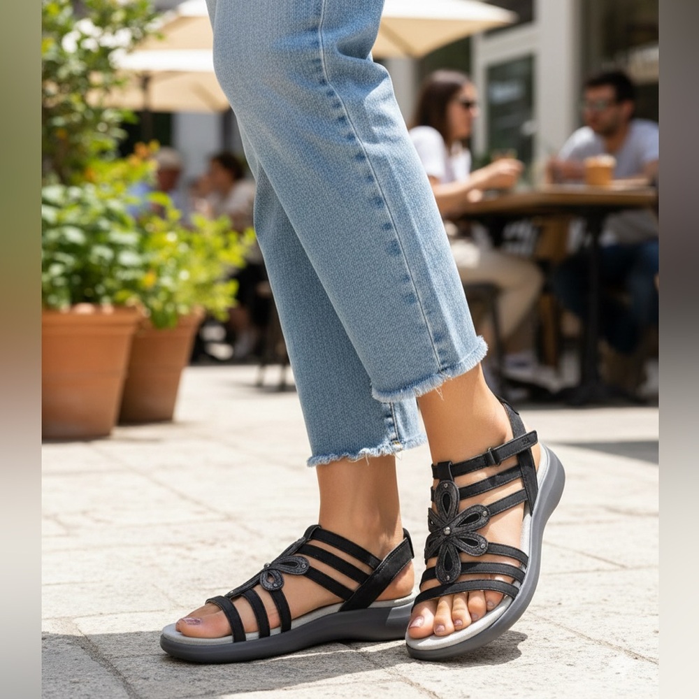 JBU Black Strappy Floral Comfort Sandals